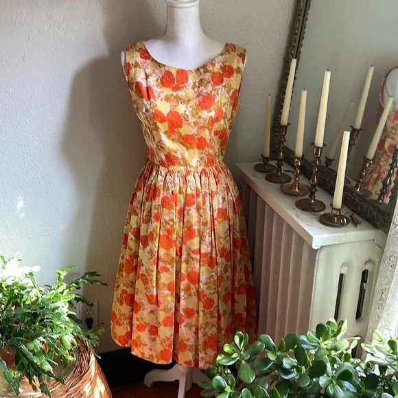 Vintage 1950s 1960s garden party dress floral a line - Picture 1 of 6